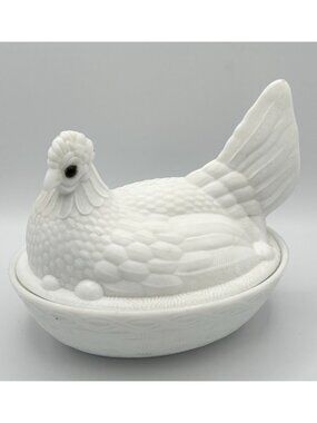 Vintage Milk Glass Hen on Nest 7” Split Tail Glass Eyes *Replacement Eye*